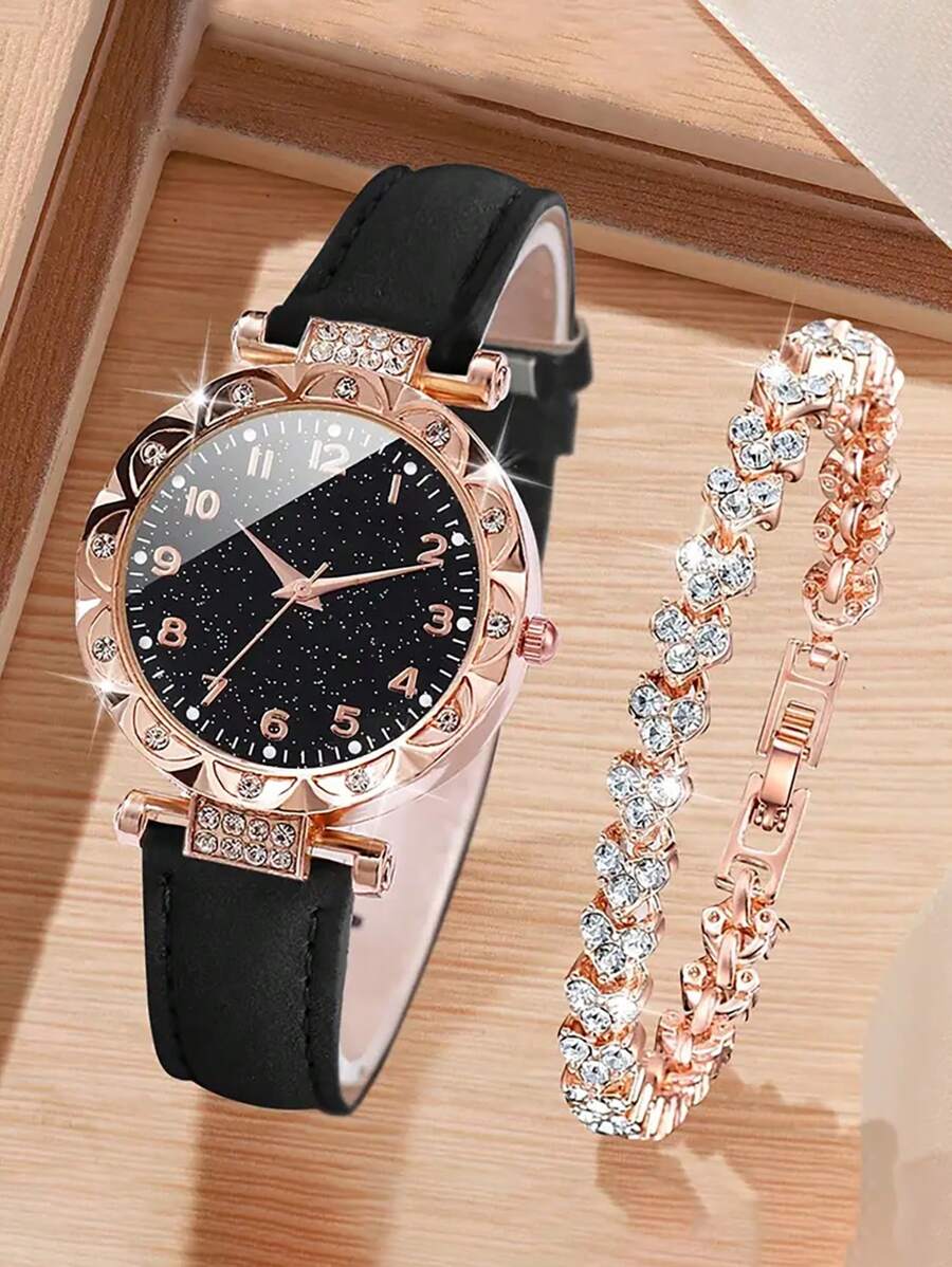 2pcs Fashion Minimalist Rhinestones Embedded Floral Dial Black Numeral Quartz Watch With Heart Shaped Rhinestone Bracelet, Gift For Children, Versatile Item