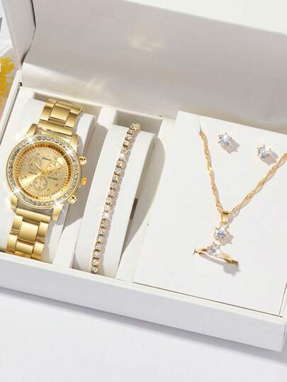 6 Stücke/Set Mode Damen Quarzuhr mit rundem Stahlarmband, vielseitiges rundes Zifferblatt mit Strass, kann mit Armbändern, Halsketten, Ohrringen, Ringen und anderem Schmuck zu einem Schmuckset kombiniert werden, geeignet für den täglichen Gebrauch, formelle Anlässe und andere Gelegenheiten, kann auch für Feiertagsdekorationen verwendet werden.