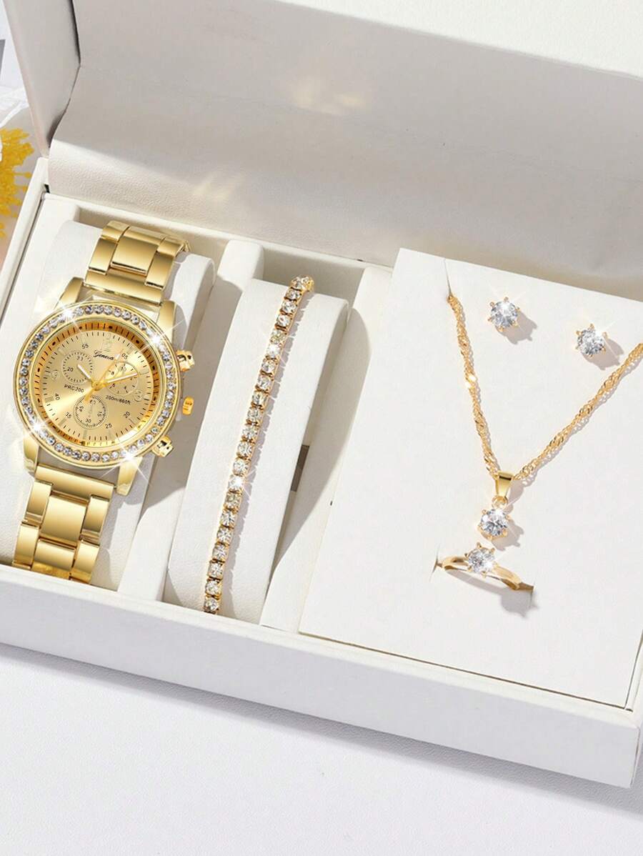 6pcs/Set Fashion Women's Round Steel Band Quartz Watch, Versatile Round Rhinestone Dial, Can Be Matched With Bracelets, Necklaces, Earrings, Rings And Other Jewelry To Form A Jewelry Set, Suitable For Daily Wear, Formal Events And Other Occasions, Also Can Be Used For Holiday Decorations. - Gold - View 1