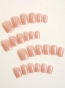 Juego de uñas postizas cuadradas cortas de tono nude - Acabado brillante, tono nude sólido, kit de uñas falsas de fácil aplicación