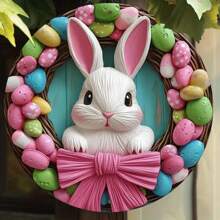 Charming Easter Bunny Wreath With Colorful Eggs And Pink Bow - Circular Wooden Wall Art Without Batteries, Suitable For Home And Office, Great For Halloween, Valentine's Day, St. Patrick's Day And Other Holiday Spring Decorations - Multicolor - View 8