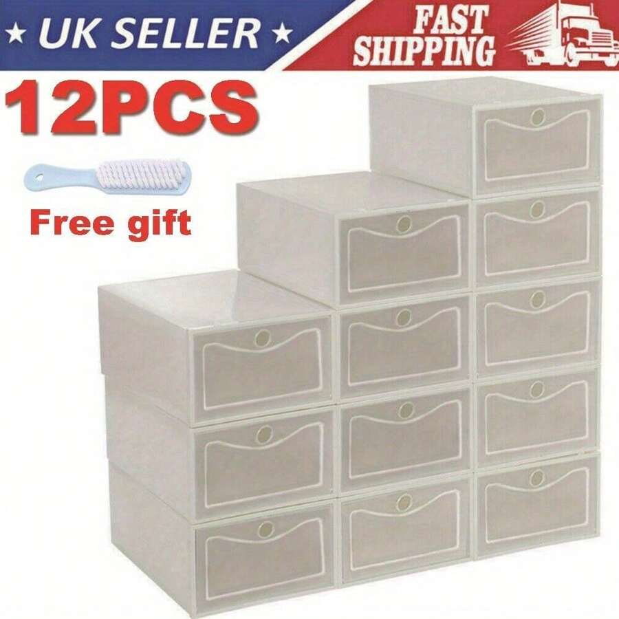 12x White Plastic Shoe Storage Boxes Drawer Stackable Foldable Durable Organiser - 白色 - 查看 1