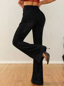 Women's Trumpet Shaped Flared Pants, High Waisted Wide Leg Jeans, Elastic Denim Pants - màu đen - Xem 6