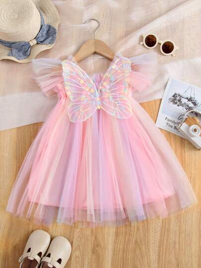 1pc Young Girl Cute Elegant Princess Cap Sleeve Rainbow Tulle Tutu Dress With 3D Butterfly Decoration, Perfect For Parties, Birthdays, Beach And Vacation In Summer Or Autumn