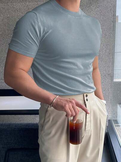 男士休闲纯色短袖针织套头衫，春夏