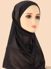 1pc Sequined Solid Color Elastic Convenient Beanie Headscarf For Girl, Handmade Chain Decor Hijab Turban Cap