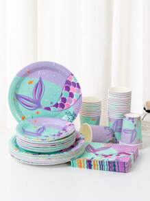 Juego de 100 piezas de vajilla desechable con diseño de sirena, adecuado para 20 invitados. Incluye servilletas cuadradas desechables, platos de papel y vasos de papel. - Multicolor - Ver 1