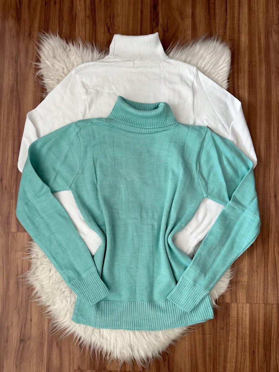 Kit2 Women's High Neck Blouse Long Sleeve Basic Knitted Cacharreu Plain Sueter - Agua Verde - View 1