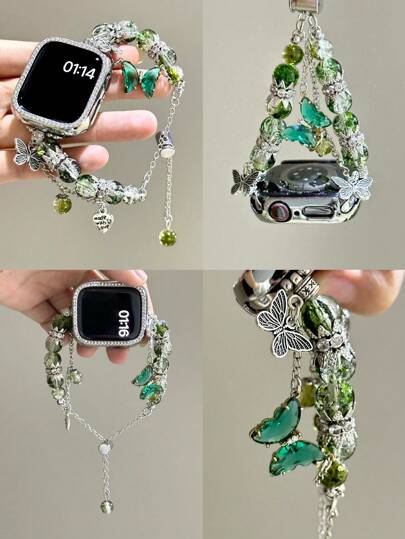 1pc Women's Green Metallic Delicate Niche Butterfly Pendant Beaded Rhinestone Watch Band Suitable For 38/40/41/44/45/49/42/46mm S11/SE3/Ultra3/Ultra/SE/SE2/10/9/8/7/6/5/4/3/2/1
