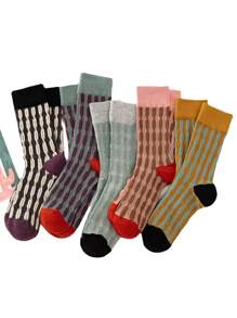 5 Pairs Retro British Style Jacquard Patterned Mid-Calf Socks, Versatile For All Seasons - Multicolor - View 6