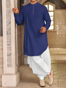 Men's Kaftan Thobe Cotton Linen Henley Shirt Long Sleeve Robe Casual Muslim Kurta Gown - 藏蓝色 - 查看 4