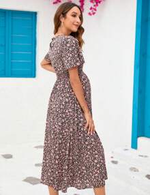GoyRrbay Women's Maternity Boho Ruffles Short Sleeve Dress Floral Smocked Scoop Neck Midi Dress For Baby Shower Photoshoot - màu đen - Xem 4