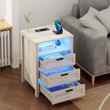 Rattan Nightstand With Charging Station, Night Stand With 3 Drawers And Open Shelf, Bed Side Table With Lights For Bedroom, Living Room, Grey - Grey - View 2