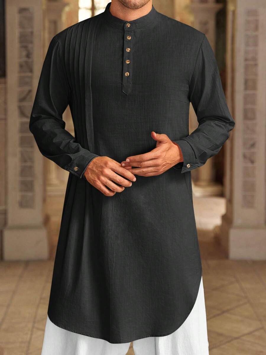 Runcati Men's Kaftan Thobe Cotton Linen Henley Shirt Long Sleeve Robe Casual Muslim Kurta Gown - màu đen - Xem 1
