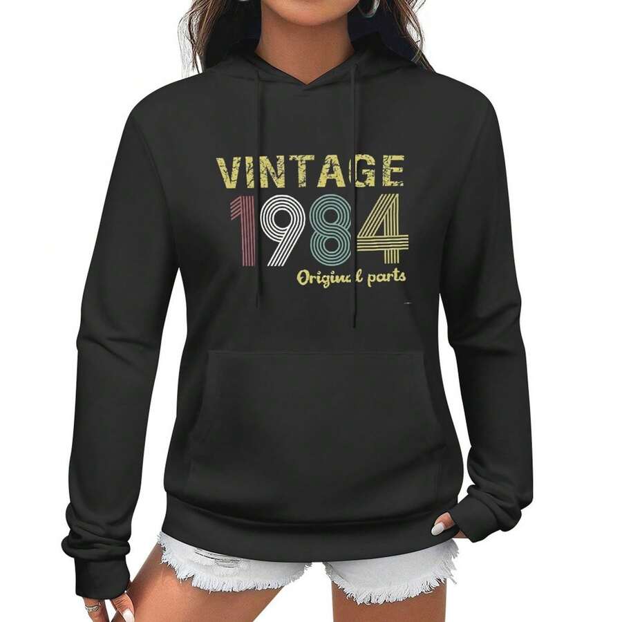 Vintage 1984 Original Parts Hoodie 40th Birthday Gift Hoodies For Women Letter Print Long Sleeve  Birthday Hoodie, Suitable As A Gift - 黑色 - 查看 1