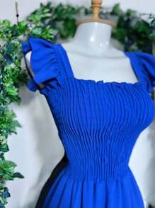 Vestido largo con olan en el tirante -tela ligera - azul real - Ver 3