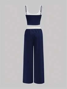Conjunto de 2 piezas para adolescentes, top de tirantes y pantalones con bloqueo de color de estilo europeo y americano, conjunto ligero para niñas / ropa a juego de hermanas dulces
