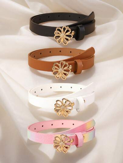 4 piezas Cinturón de cintura estrecha con hebilla de flor de nuevo estilo para niños, cinturón de alta calidad de PU para jeans, vestidos y accesorios estudiantiles