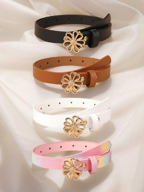 4 pièces Nouvelle ceinture mince à boucle fleur pour enfants, ceinture de taille de haute qualité en PU pour jeans, robes, accessoires d'étudiants