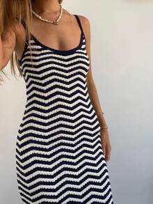 Frühling/Sommer Neu Schwarz & Weiß gestreiftes Kontrast-Farbstrick-Trägerkleid, figurbetontes, sexy rückenfreies, boho Musik-Festival-Urlaubs-leichtes Strickkleid, Neujahr - Schwarz und Weiss - Übersicht 6