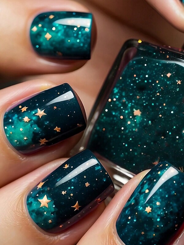 24Pcs Gothic Square Press-On Nails Set, Blue Starry Sky Design With Golden Stars, Middle Length, Glossy Finish, Removable Nail Art Kit For Women And Girls, Includes Jelly Glue & Nail File Nail Supplies Nails