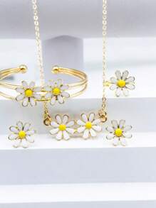 5pcs Set Cute Oil Drop Double Daisy Flower Pendant Necklace, Earrings, Ring, Bracelet Jewelry Set, Daily Match Floral Jewelry Set, New - one-size - View 1