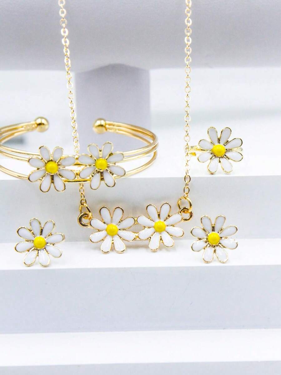 5pcs Set Cute Oil Drop Double Daisy Flower Pendant Necklace, Earrings, Ring, Bracelet Jewelry Set, Daily Match Floral Jewelry Set, New - one-size - View 1