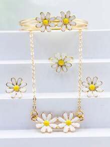 5pcs Set Cute Oil Drop Double Daisy Flower Pendant Necklace, Earrings, Ring, Bracelet Jewelry Set, Daily Match Floral Jewelry Set, New - one-size - View 2