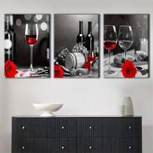 3-Piece Retro Wine And Rose Canvas Art Set - High Definition Printing, Wooden Frame Wall Decoration, Suitable For Bar, Kitchen, And Home Aesthetics - Inside Framed Wrapped Canvas - View 3