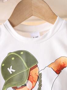 2 件装男婴休闲卡通熊印花圆领 T 恤和工装短裤套装，夏季运动装 - 白色 - 查看 3