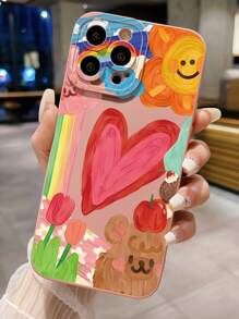 1 pieza Funda de teléfono con pintura al óleo con diseño de corazón compatible con Apple, Galaxy, Infinix, Redmi, OPPO, VIVO, Realme - Rosa - Ver 2