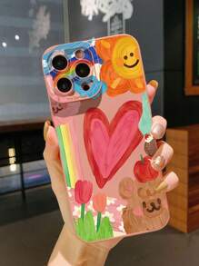 1 pieza Funda de teléfono con pintura al óleo con diseño de corazón compatible con Apple, Galaxy, Infinix, Redmi, OPPO, VIVO, Realme - Rosa - Ver 1