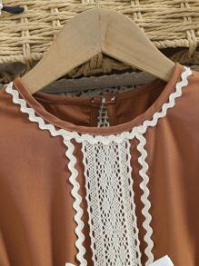 Young Girl' Vintage Elegant Fashionable Versatile Ruffle & Bow Decor Round Neck Puff Sleeve Retro Mini Dress, Suitable For School Or Outdoor Activities, Summer - Coffee Brown - View 5
