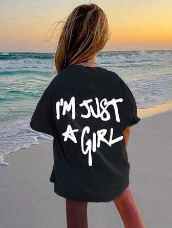 Teenage Girls Funny Graphic Print Round Neck Short Sleeve Casual T-Shirt, Summer Top