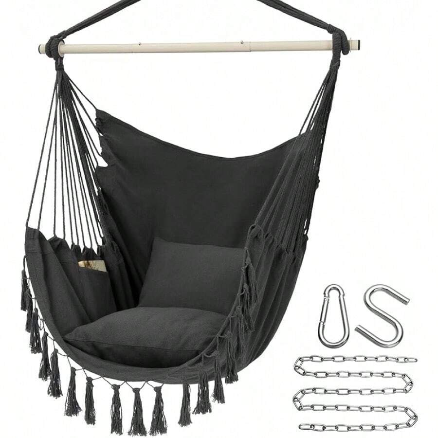 Y- Stop Hammock Chair Hanging Rope Swing Chair, Max 500 Lbs, 2 Seat Cushions Included, Removable Steel Spreader Bar With Anti-Slip Rings, Hardware Kit-For Indoor Or Outdoor(Dark Grey) - A-dark Grey - View 1