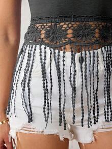 Tops Sin Manguito Casual Jersey Para Mujeres,Top De Encaje y Flecos En El Dobladillo De Color Sólido