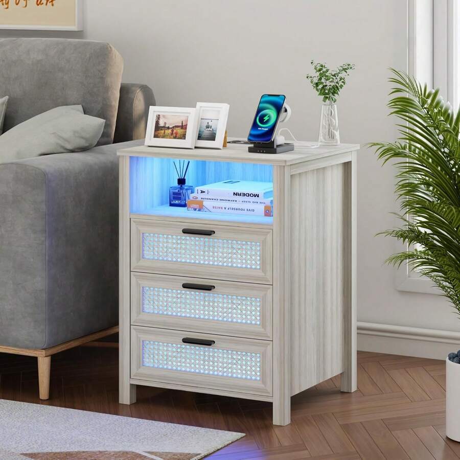 Rattan Nightstand With Charging Station, Night Stand With 3 Drawers And Open Shelf, Bed Side Table With Lights For Bedroom, Living Room, Grey - Grey - View 1