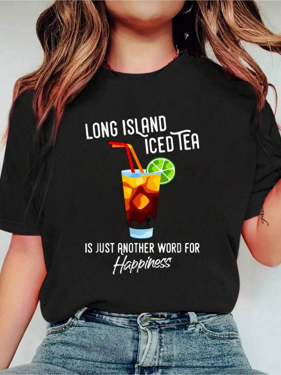 Long Island Iced Tea Funny Cocktail Happiness T-Shirt Print Crew Neck Casual T-Shirt Short Sleeve Sports Top, Smart Casual/Street Style Women's Clothing - 黑色 - 查看 1