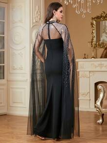 女式立领透视网眼拼接肩部和袖子，水晶装饰，优雅长袖长裙、派对礼服、礼服、正式、晚会、婚礼宾客