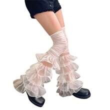 Calentadores de piernas para mujer con volantes de encaje y retazos, calcetines largos hasta el muslo, cubrebotas para ropa de calle - blanco - Ver 1