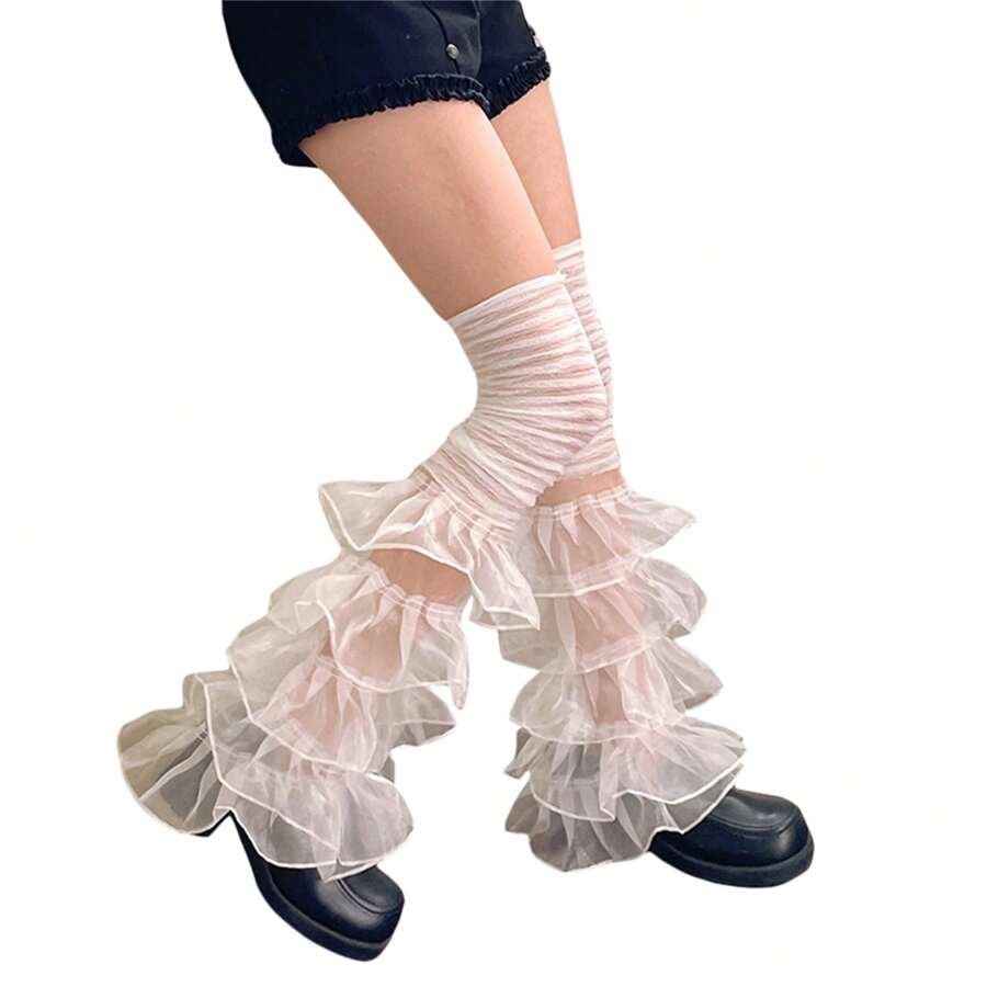 Calentadores de piernas para mujer con volantes de encaje y retazos, calcetines largos hasta el muslo, cubrebotas para ropa de calle - blanco - Ver 1