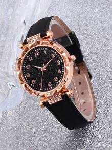 2pcs Fashion Minimalist Rhinestones Embedded Floral Dial Black Numeral Quartz Watch With Heart Shaped Rhinestone Bracelet, Gift For Children, Versatile Item