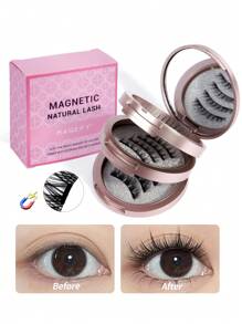 3 Pairs Magnetic False Eyelashes Kit With Mirror & Applicator Glue-Free Eyelashes Natural Manga Eyelashes Cat Eye Fluffy Faux Mink Eye Lashes With Tweezers Makeup Tool For Beauty Travel - 黑色 - 查看 2