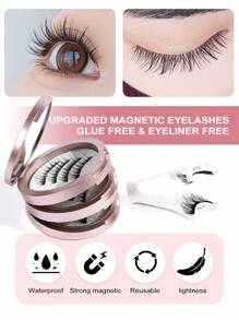 3 Pairs Magnetic False Eyelashes Kit With Mirror & Applicator Glue-Free Eyelashes Natural Manga Eyelashes Cat Eye Fluffy Faux Mink Eye Lashes With Tweezers Makeup Tool For Beauty Travel - 黑色 - 查看 3