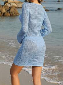 Women Beach Cover Up Solid Color Tie-Up Front Hollow-Out Summer Swimsuit Cover Up Bathing Suit Cover Ups Dresses