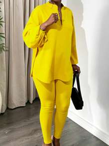 Women's Plus Size Tracksuits Outfits Solid Color V-Neck Long Sleeve Slit Hem Tops With Leggings 2 Pcs Set - Yellow - View 1