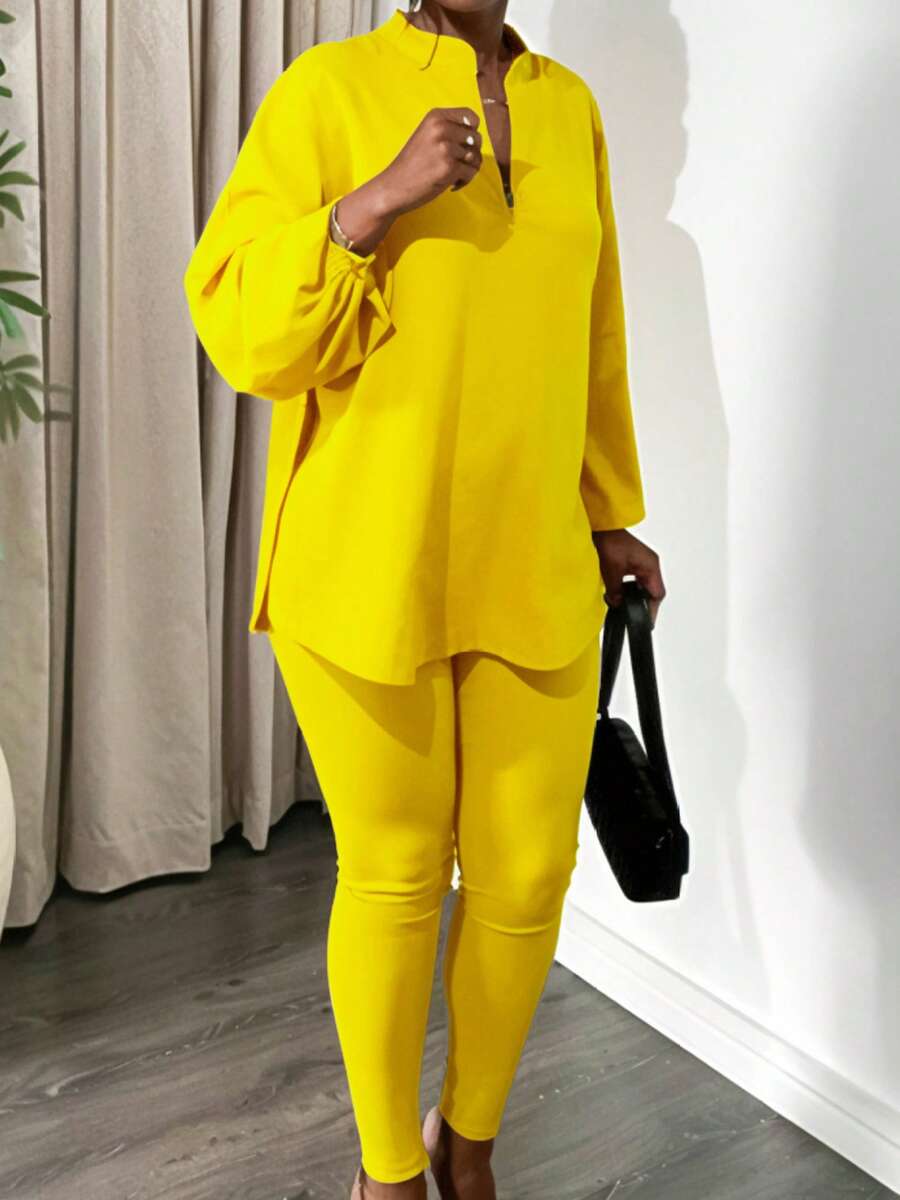 Women's Plus Size Tracksuits Outfits Solid Color V-Neck Long Sleeve Slit Hem Tops With Leggings 2 Pcs Set - Yellow - View 1