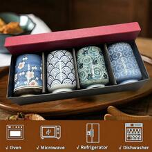 4 stuks 320 ml blauw en wit porseleinen theekopje met geschenkdoos, Japanse stijl handgetekende vriendelijke thee koffie melk wijn sushi mok creatieve familie restaurant decoratie reiscadeau voor vrienden