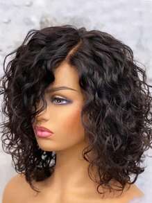 180% 密度短卷发人发假发 适合女孩 4x4 蕾丝闭合短波波头假发 带自然发际线 自然黑色侧分卷发假发 巴西处女雷米头发 预拔漂白结