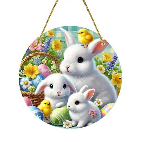 Easter Bunny Hanging Sign With Rope, Colorful Egg & Chick Design Easter Hanging Decor For Home Holiday